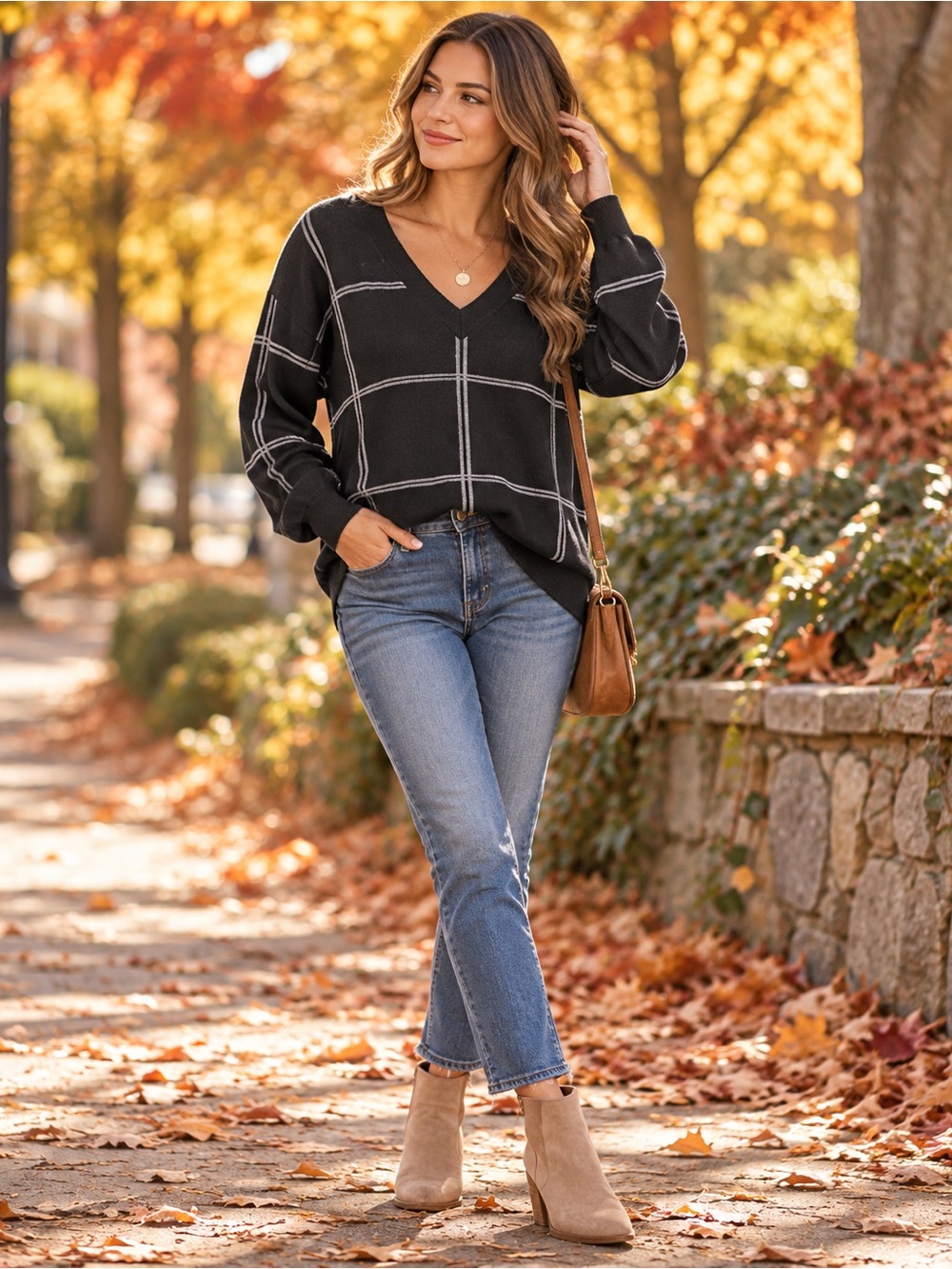 Philosophy Black V-Neck Windowpane Sweater with Gray Trim